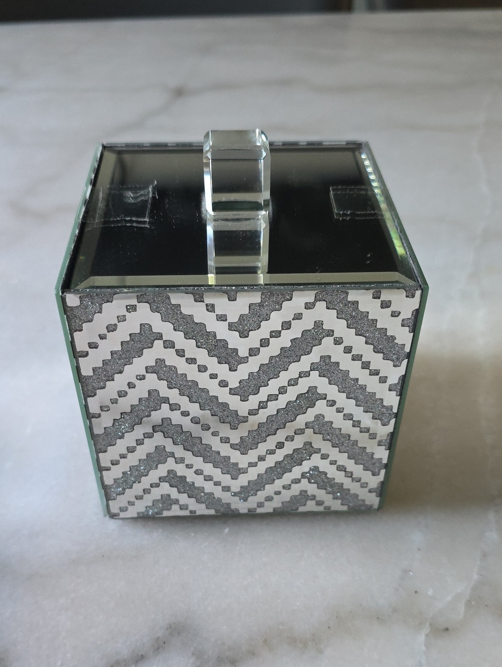 Mirrored Chevron Accent Box - Silver and White Decorative Cube